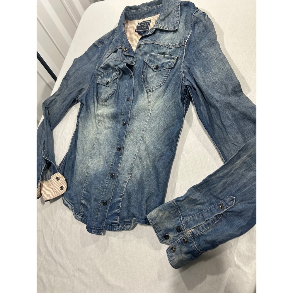 Guess Los Angeles Womens Denim Shirt Medium Wash Snap Front Western Top Small